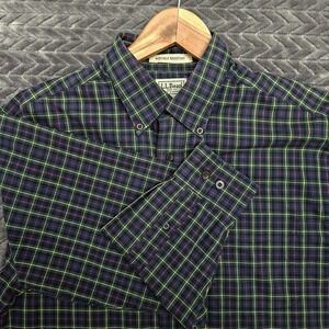 L.L. Bean Button Down‎ Shirt Mens Medium Long Sleeve Navy Green Red Plaid Cotton